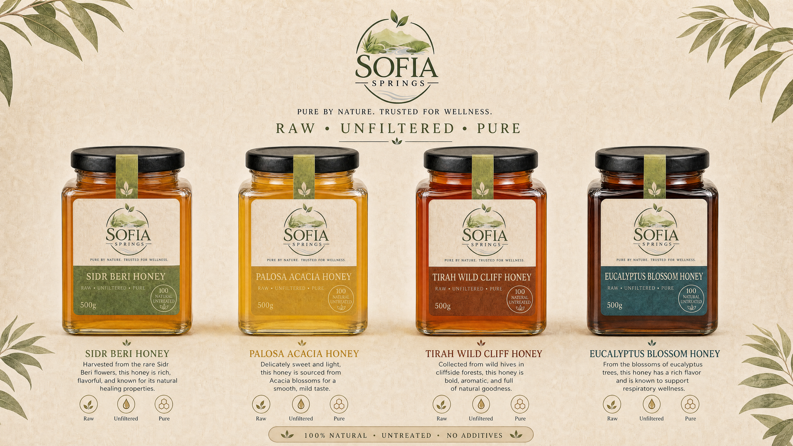 Sofia Springs honey collection — Sidr Beri, Palosa Acacia, Tirah Wild Cliff and Eucalyptus Blossom